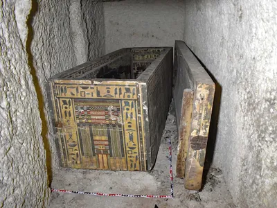 The woman&#39;s remains were contained in two painted coffins, one stacked inside the other.