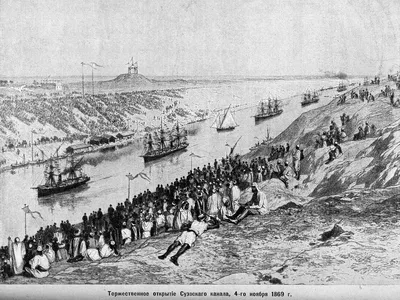 An illustration of opening of the Suez Canal in 1869