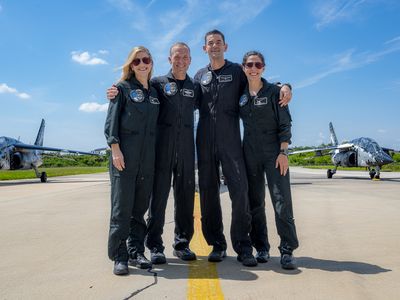 The Polaris Dawn crew at the Kennedy Space Center, from left to right:&nbsp;Anna Menon,&nbsp;Scott Poteet, Jared Isaacman and&nbsp;Sarah Gillis.