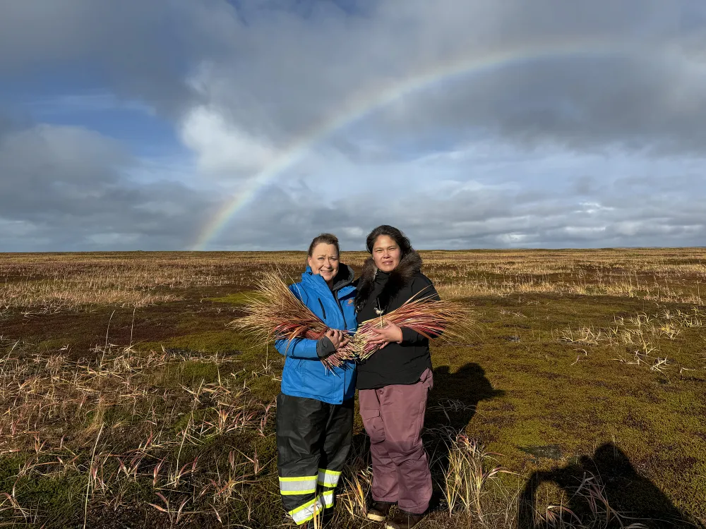 Two women stand in a field, holding bundles of grasses with a rainbow coloring the sky in the background.