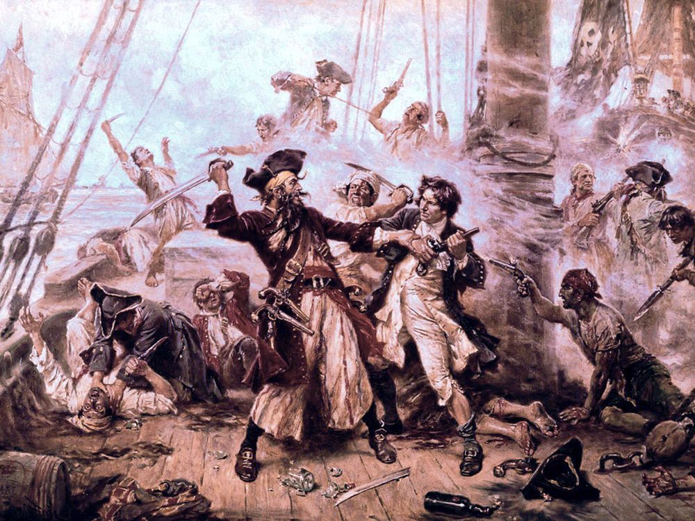 A painting of the capture of Blackbeard on November 22, 1718