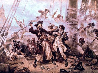 A painting of the capture of Blackbeard&nbsp;on November 22, 1718