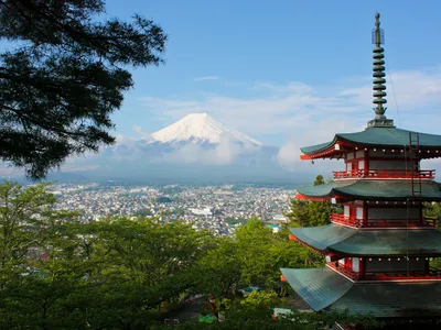 A view of a snow-covered Mount Fuji from Fujiyoshida in Japan.