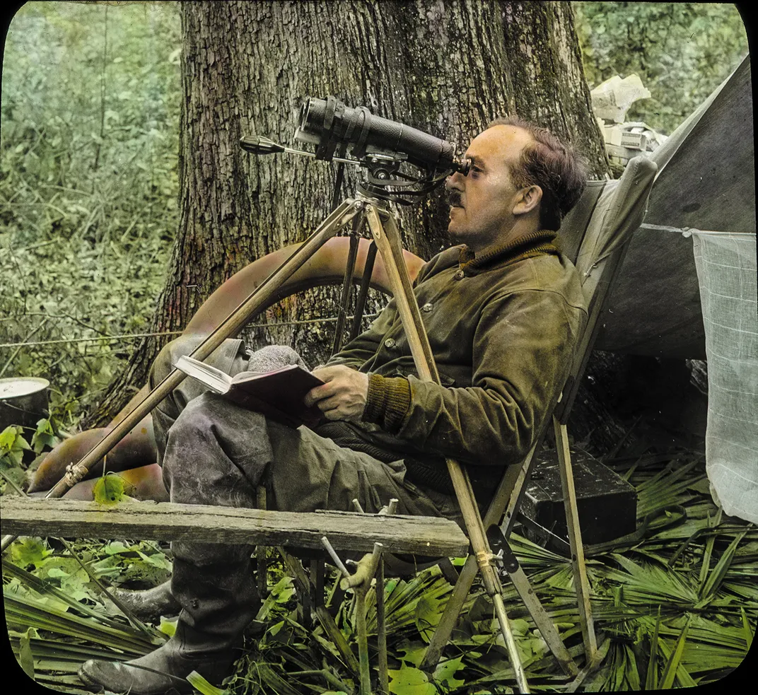 a man sits in the woods watching birds