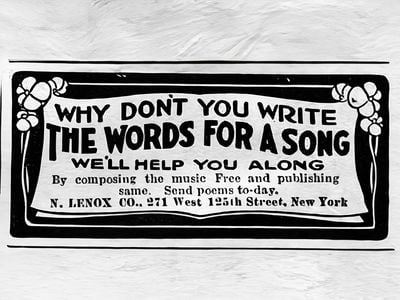 Song-sharking companies sometimes began by offering free consultations for everyday poets&mdash;as in this 1921 advertisement in Film Fun magazine.