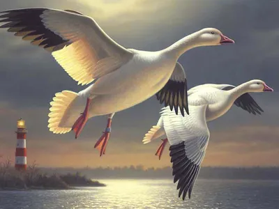 Artist Ron Louque designed the 2002 federal duck stamp with this portrait of two snow geese soaring through the air.