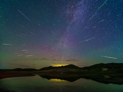 The Perseid meteor shower over Inner Mongolia, China, on August 14, 2023. When a meteor falls to the ground, it&#39;s called a meteorite.