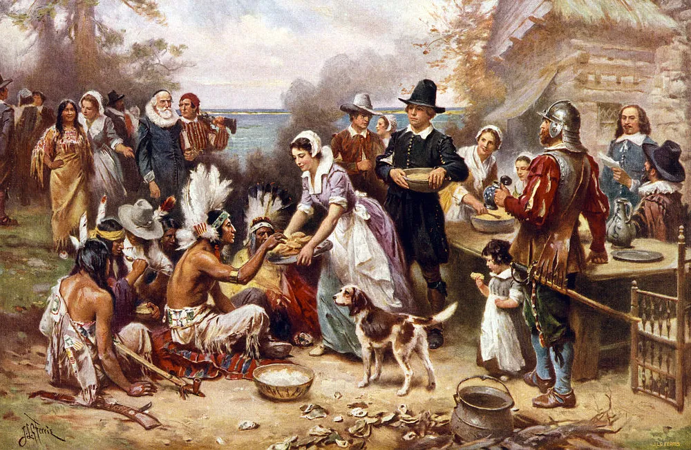 1932 painting by Jean Leon Gerome of the first Thanksgiving