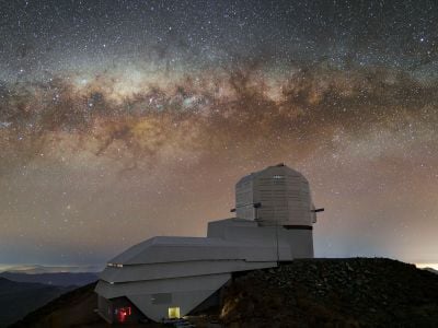 The Milky Way spreads across the night sky above the Vera C. Rubin Observatory.&nbsp;