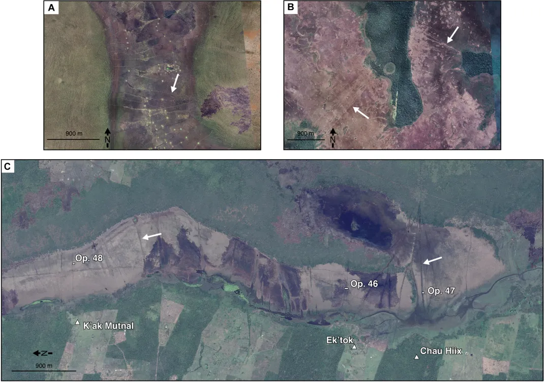 Graphic showing Google Earth imagery of green fields and canals