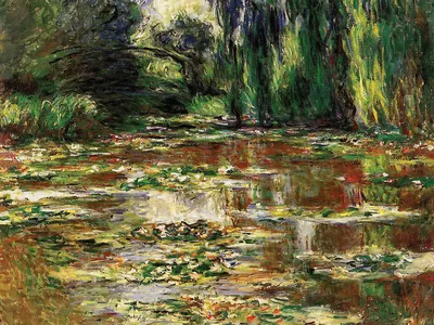 Bridge Over the Water Lily Pond, 1905. In earlier works, Monet painted the footbridge in a crisp, distinct arc. Here, its faint, shadowy curves blend into greenery of the natural surroundings.