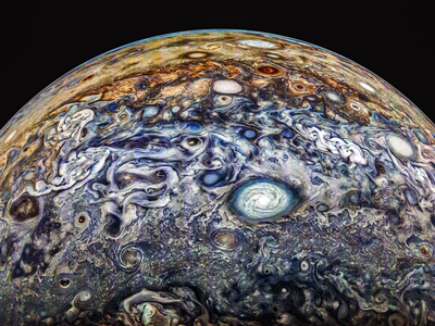 Image captured by Juno during its 66th perijove, then further processed with color enhancement by&nbsp;Gerald Eichst&auml;dt and Thomas Thomopoulos.